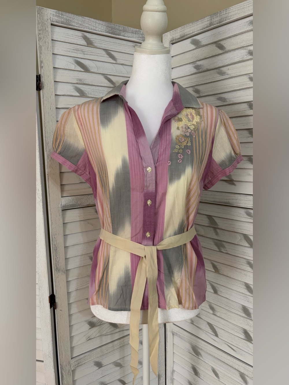 GAP Pink & Cream Striped Button-Up Waist-Tie Blouse